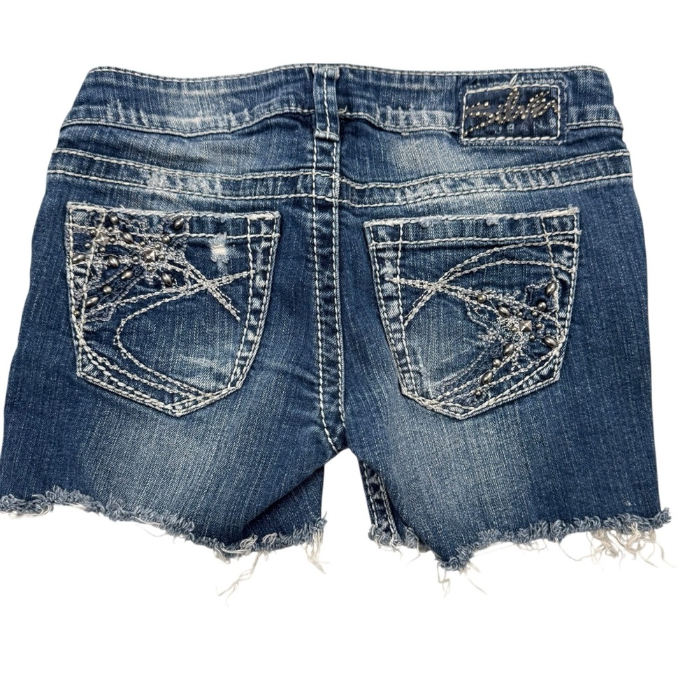 Silver Jeans Womens Cut Off Shorts 25 Blue Denim Beaded Distressed Low‎ Rise